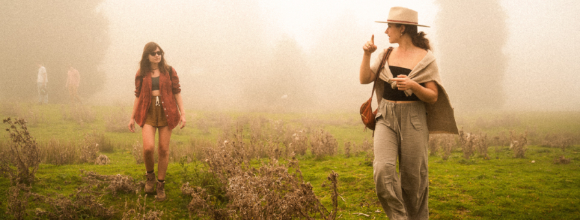 Two girls walking in a misty forest, trees in the background